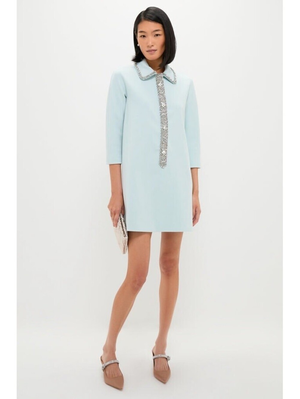 Tuckernuck Nicola Dress Medium Ice Blue Embellished Rhinestone Collar Shift NWT